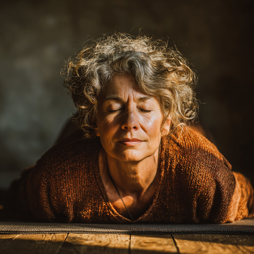 Persoană în vârstă practicând yoga în natură